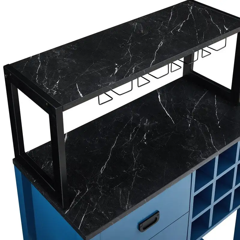 Blue / White Wood Buffet Bar Cabinet with Wine Rack, 9-Bottle Storage