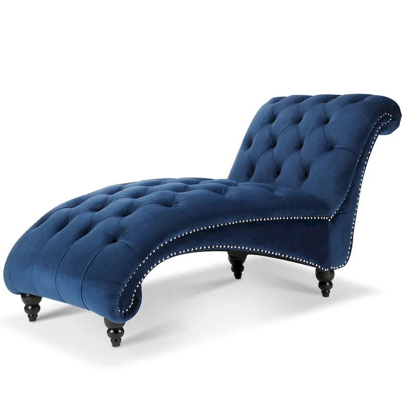 Blue 27.17 Buttons Tufted Chaise Lounge Chair with Nailheads