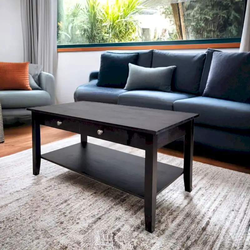 Solid Acacia Coffee Table with Drawer & Bottom Shelf