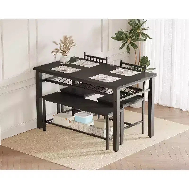 Modern 4-Piece Dining Table Set with Storage Bench & Chairs, 47 Rectangular Kitchen Table for Apartments - Easy Assembly & Space-Saving
