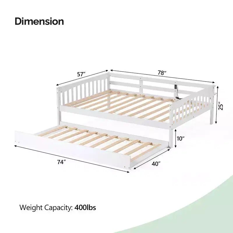 Karl Home White Full Size Wood Bed with Trundle, Light Strip, Charging Station and Guardrail