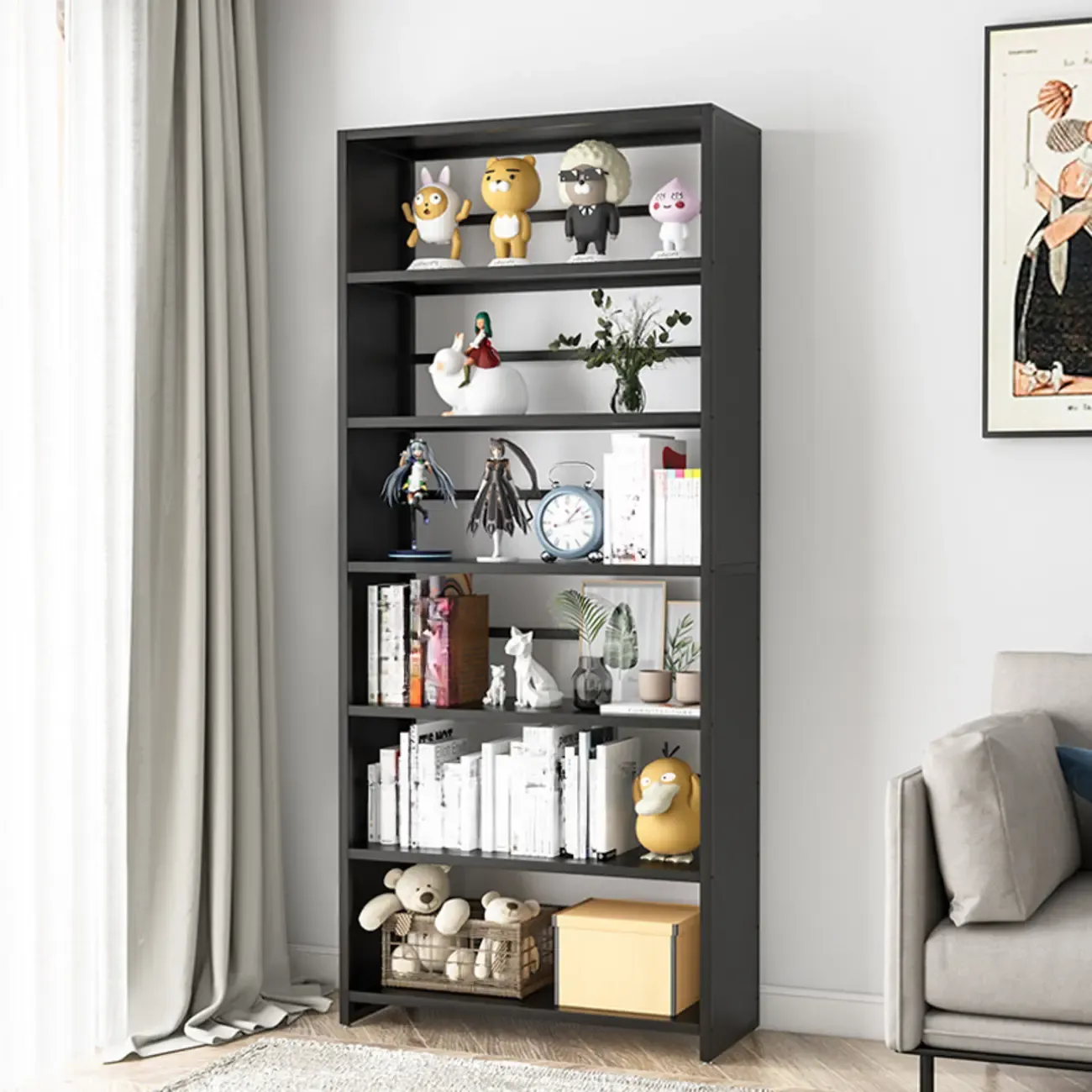 Black Metal 6-Tier Open Back Vertical Bookcase