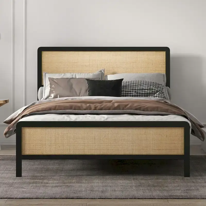 Bed Frame with Rattan Headboard, No Box Spring Needed