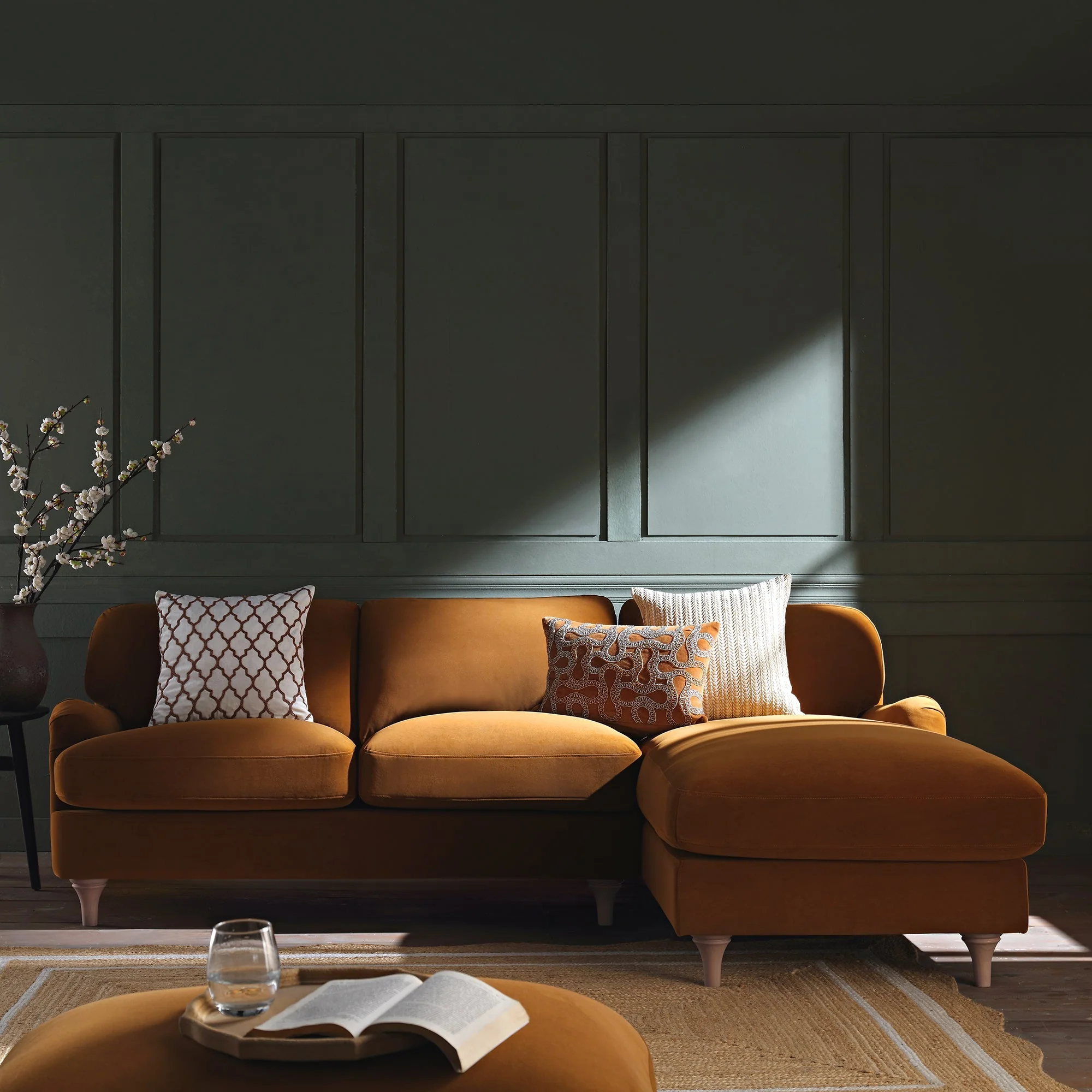 Cinnamon Velvet Sofa, Grande Chaise Sofa Right Hand Facing