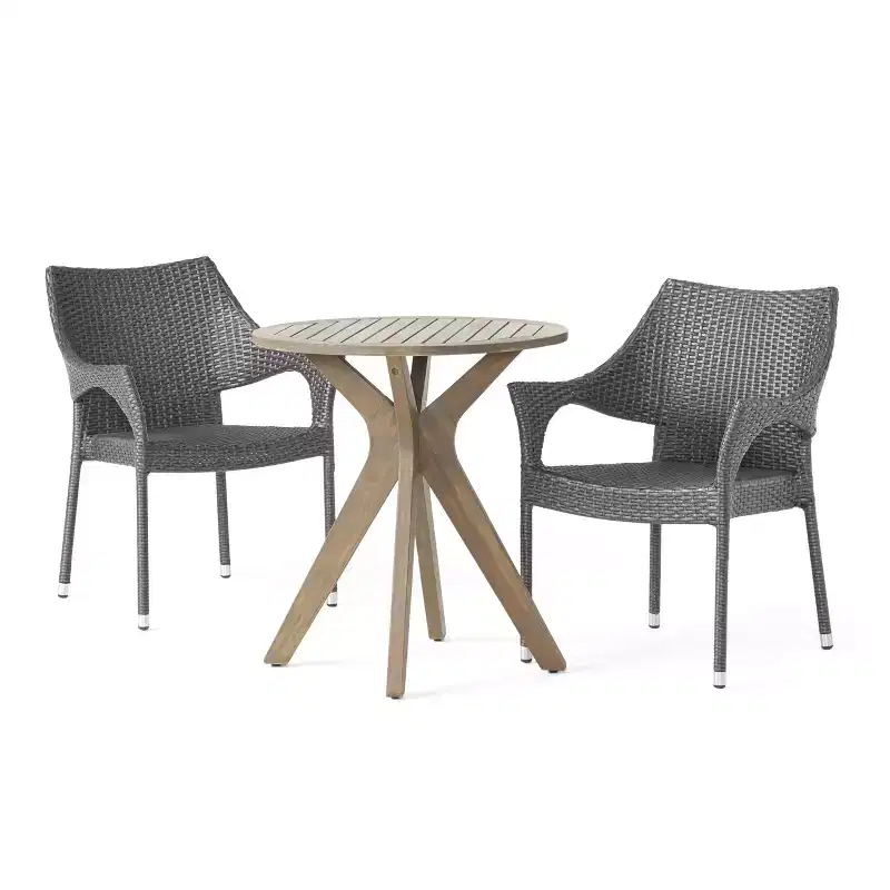 GDFStudio Lurline Outdoor Acacia Wood and Wicker 3 Piece Bistro Set