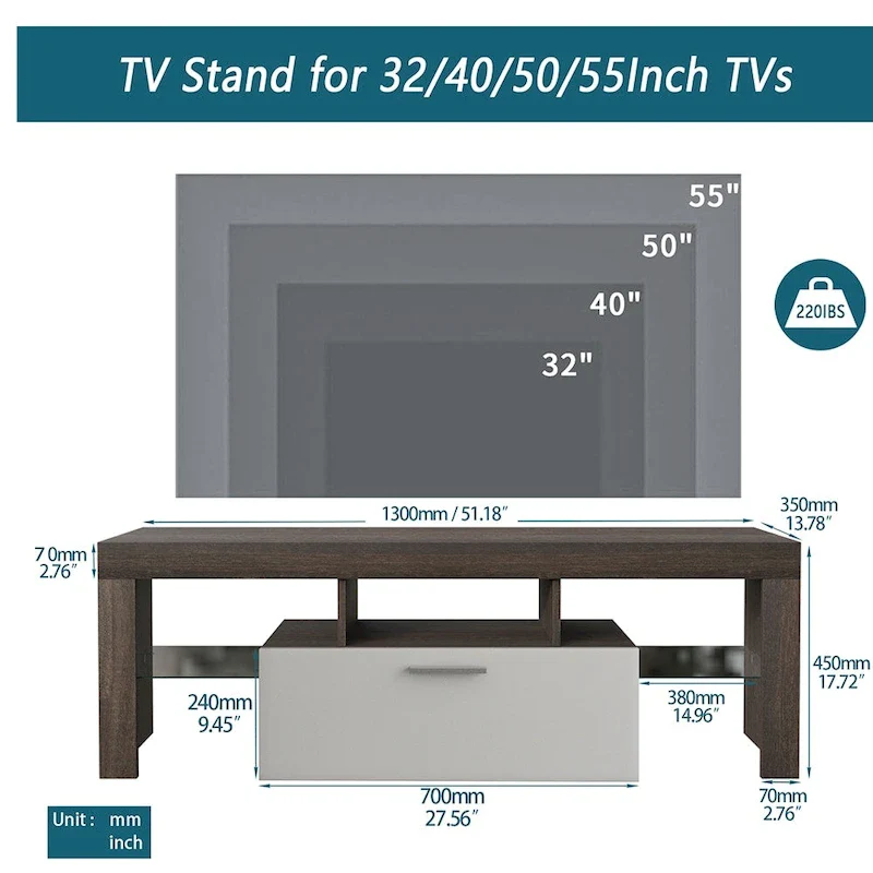 51  Modern LED TV Stand with Cabinet, 20 Minutes Quick Assembly - 51.18inch*13.78inch*17.72inch