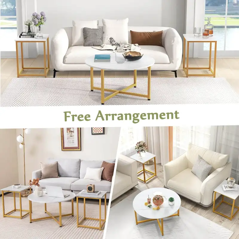 Costway 3 PCS Coffee Table Set Round Coffee Table and 2PCS Square End - See Details