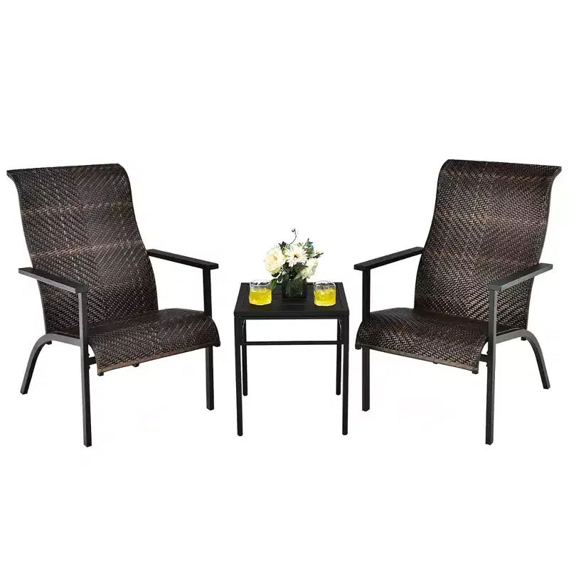 Costway 3 PCS Patio Rattan Bistro Set High Backrest Armrest SideTable Mix Gray\Mix Brown