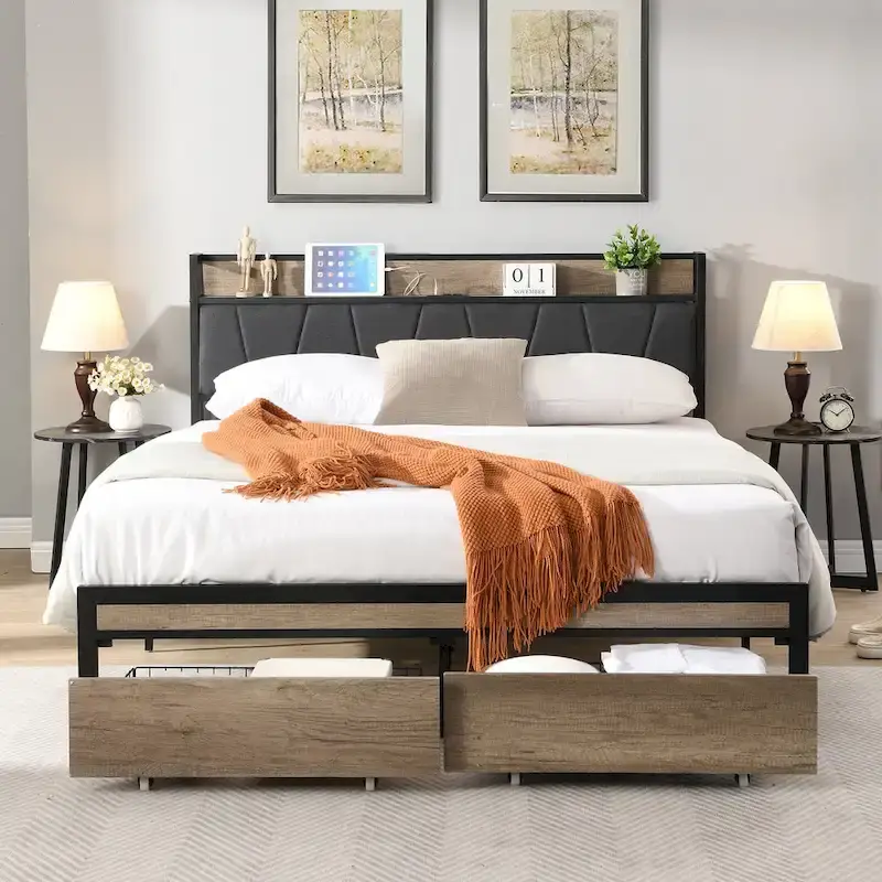 Full Size Metal Platform Bed with Wooden Headboard