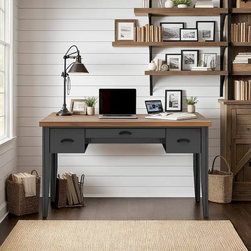 Modern Farmhouse 53 inch Writing Desk, No Assembly Required, Two-Tone Finish