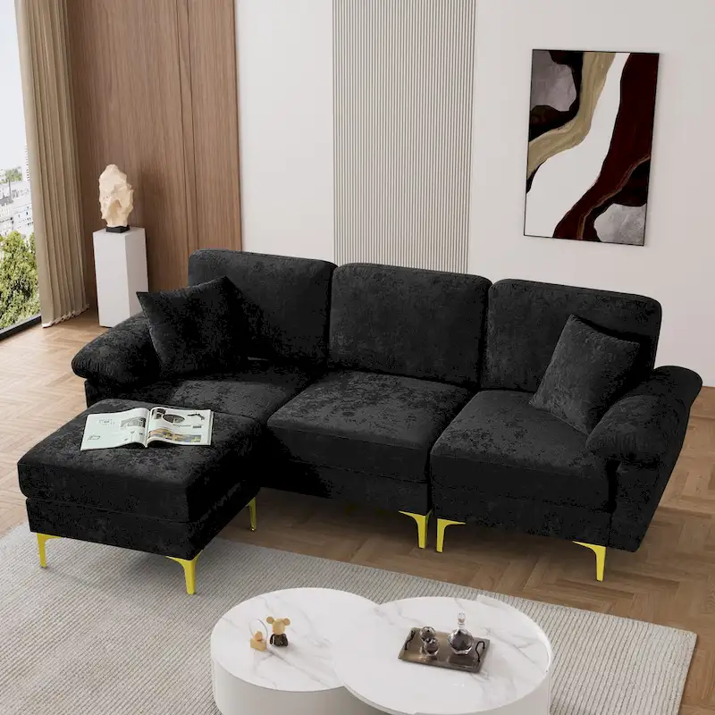 Ouyessir 2-Pieces Upholstered Velvet Sectional Sofa with 2 Pillows & Ottoman