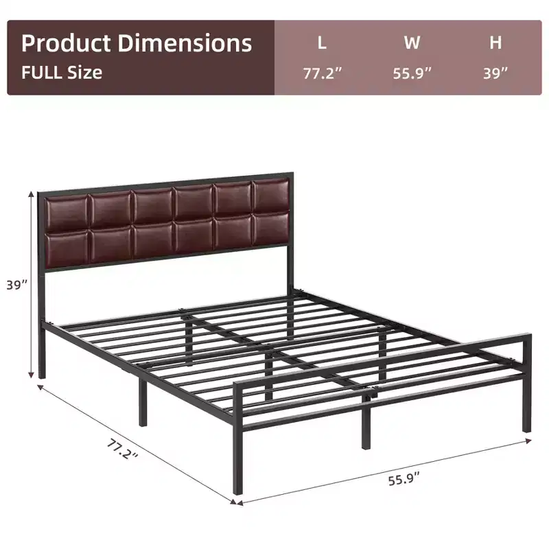 Bed Frame, Faux Leather Platform Bed Frame with Upholstered Square Stitched Headboard, Metal Bed Frame with Steel Slats Support, Box Spring Optional