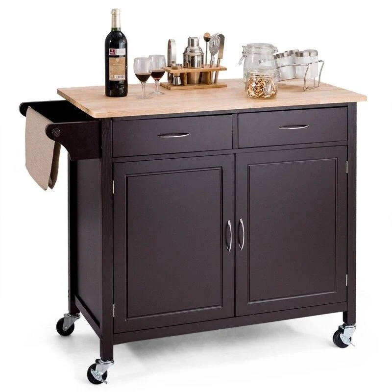 Brown Kitchen Island Storage Cart with Wood Top and Casters - 43 x 19.5 x 35.5 (L x W x H)