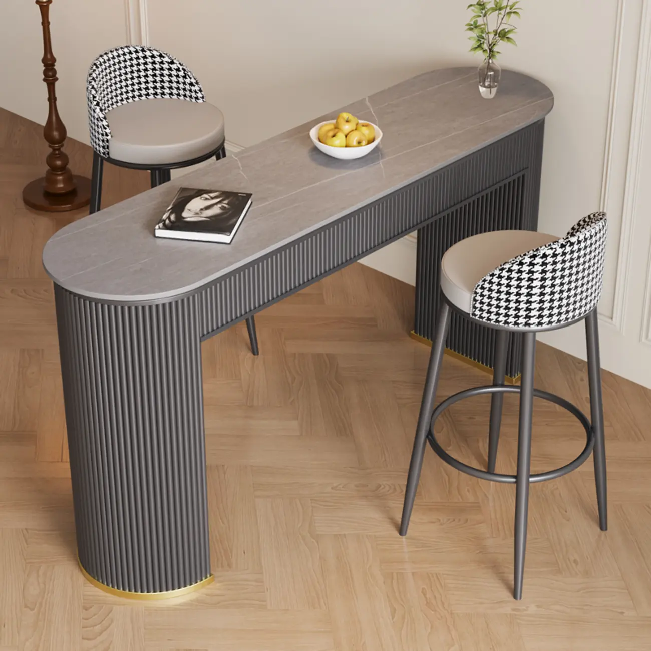 Modern White Stone Oblong Ribbed Iron Dual-Base Bar Tables