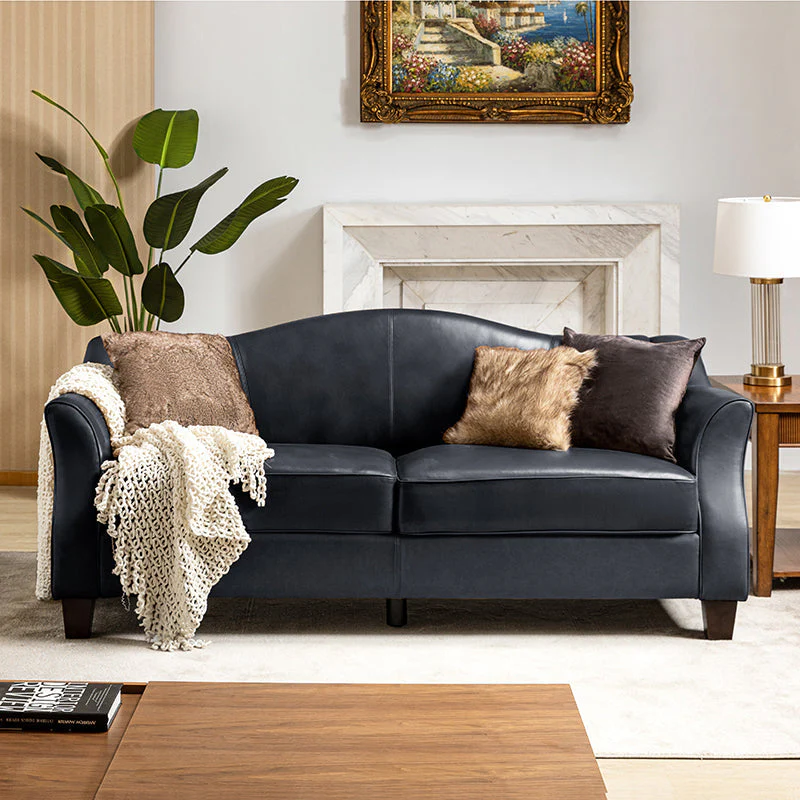 Genuine Leather Curved High-Back 3-Seat Sofa with Foam Fill & Tapered Walnut Rubberwood Legs | Black / Camel / Navy / Burgundy | 3-Seater