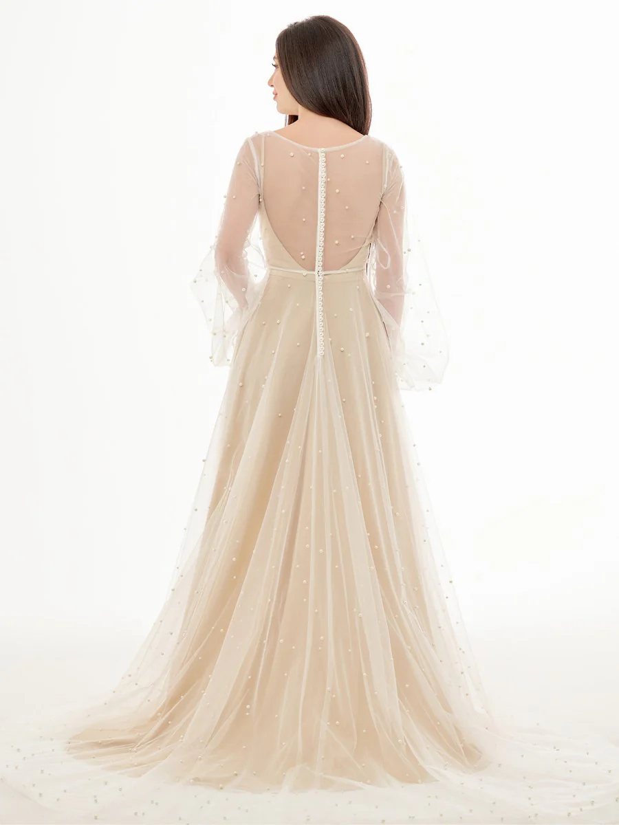 Simple Modest A-Line Long Sleeve Tulle Elopement Illusion Wedding Dress with Pearl
