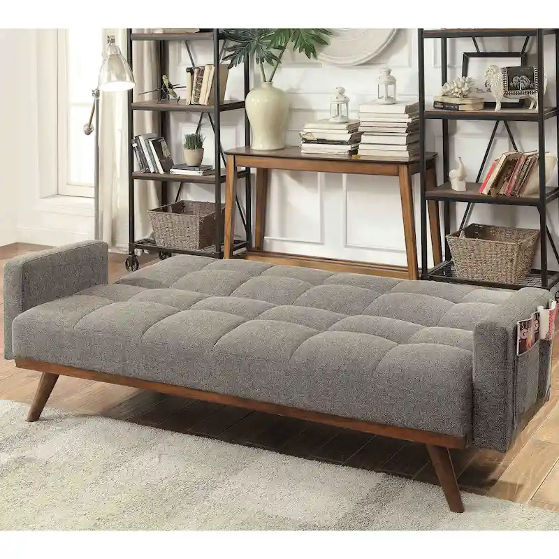 Vaughn Mid-Century Modern Grey Linen Padded Biscuit-tufted Futon
