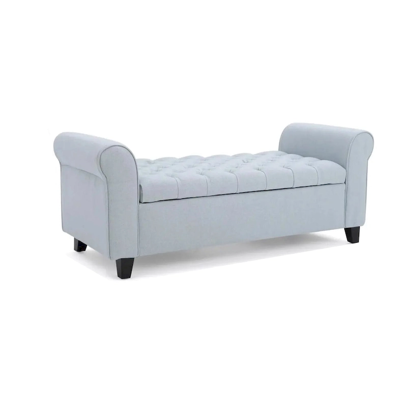 Storage Ottoman Bench, 50 Inch Light Blue, Rolled Arms, Black Wood