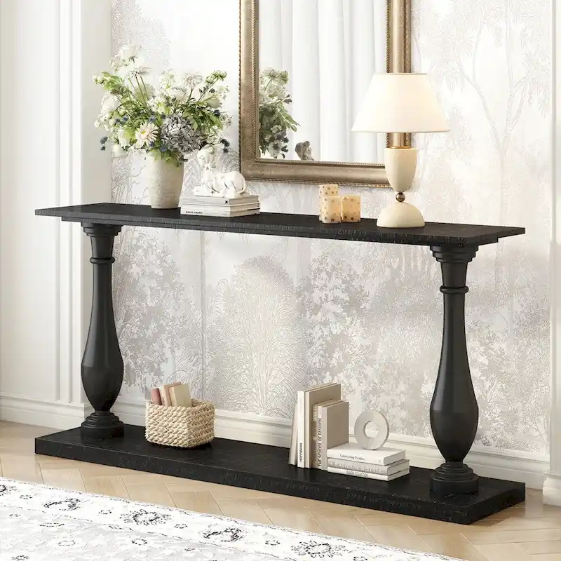 Vintage Sofa Table Console Table with Pine Veneer and Vase-Leg Design for Living Room Study room Entryway Bedroom
