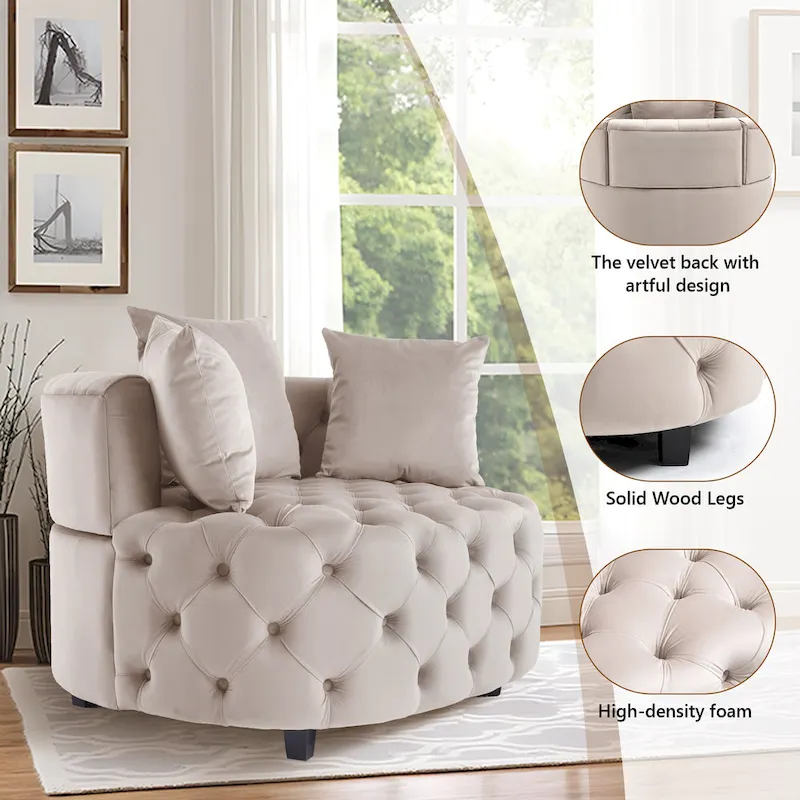 Velvet Modern Leisure Big Classical Barrel Chair with 2 Pillows