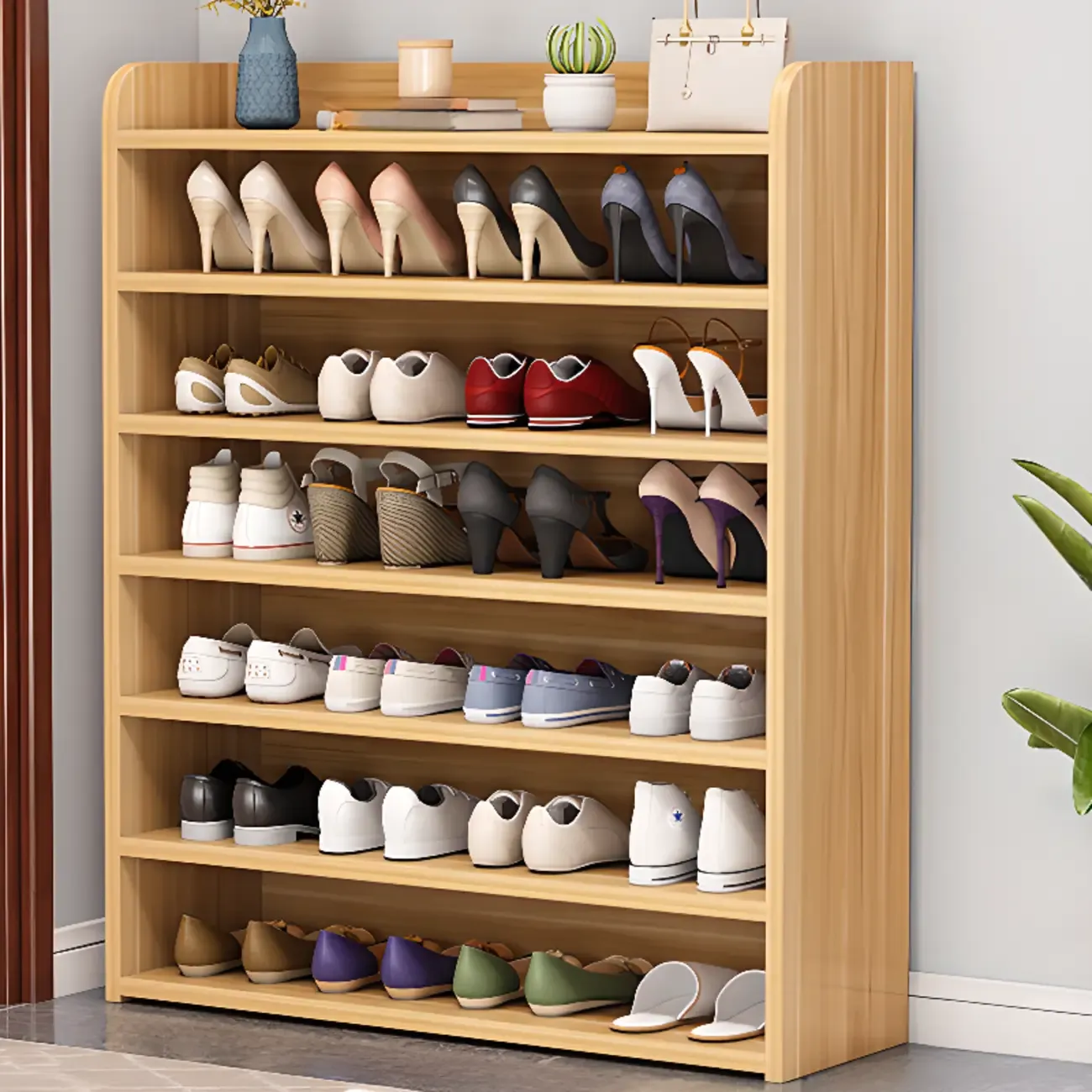 Vertical White Wooden Hallway 6-Tier Open Shoe Rack