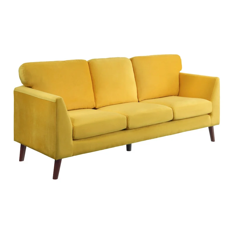 81 Inch Sofa Yellow Velvet Reversible Cushions Dark Brown Wood