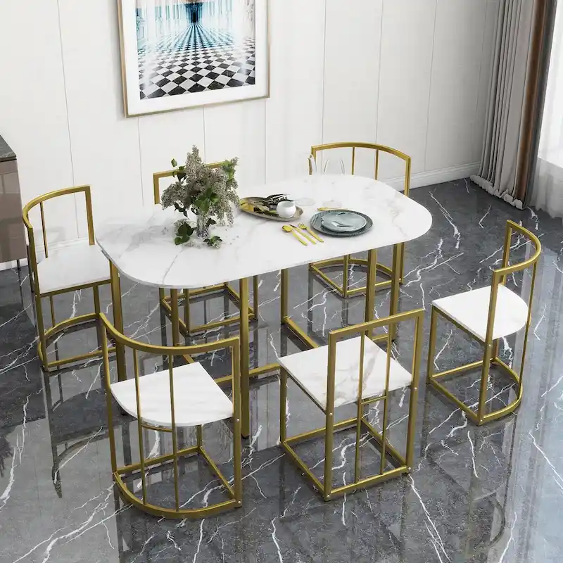 Modern 7-Piece Metal Frame Dining Table Set with Half-Round Table & 6 Chairs