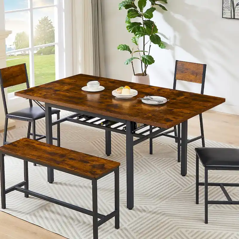 Modern Industrial 63.2 Extendable Dining Table w/Drop Leaf, Seats 6