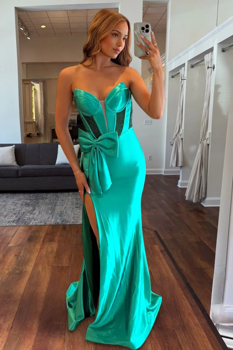 Emerald Strapless Mermaid Satin Long Prom Dresses With Bowknot