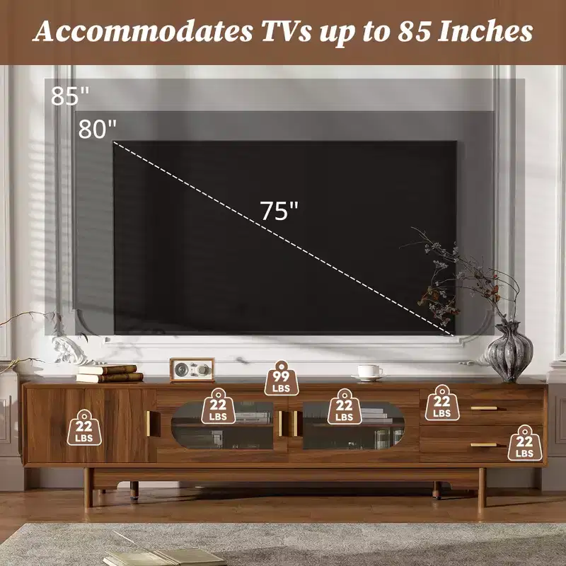 JVNOXK 78inch Entertainment Center Modern TV Stand with Built-in Glass Doors2 Drawers, Accommodates up to 80-inch TV, Solid Wood Legs -Walnut