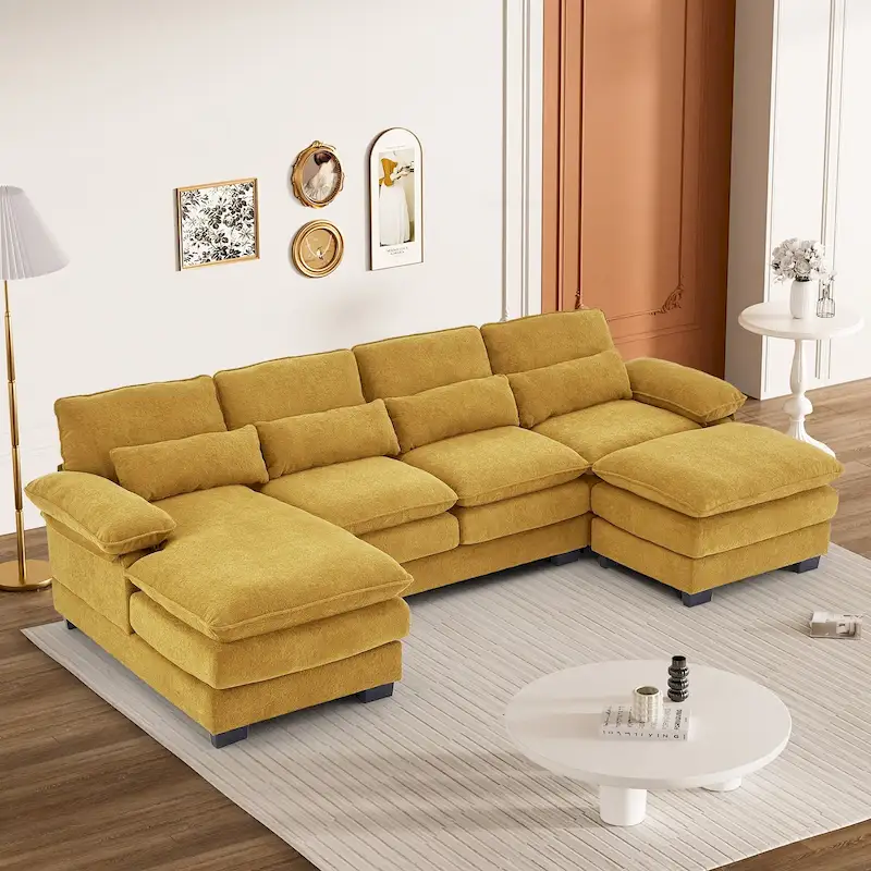 Soft Chenille Fabric U-Shaped Sectional Sofa with Double Layer Cushion