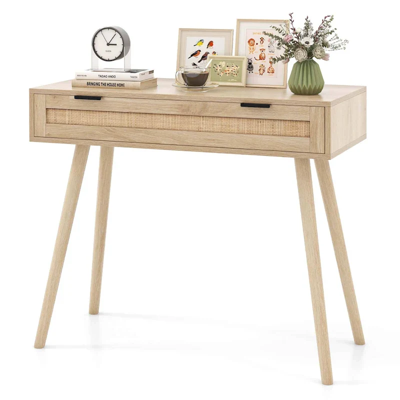 Rattan Console Table with Pull-out Drawer Boho Style