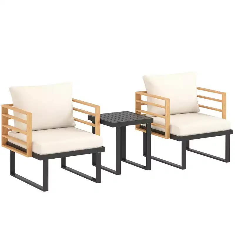 Outsunny 3 Pieces Outdoor Bistro Set, Metal Patio Furniture with Cushions, Armchairs and Slatted Table, Small Patio Set for Balcony, Porch, Beige