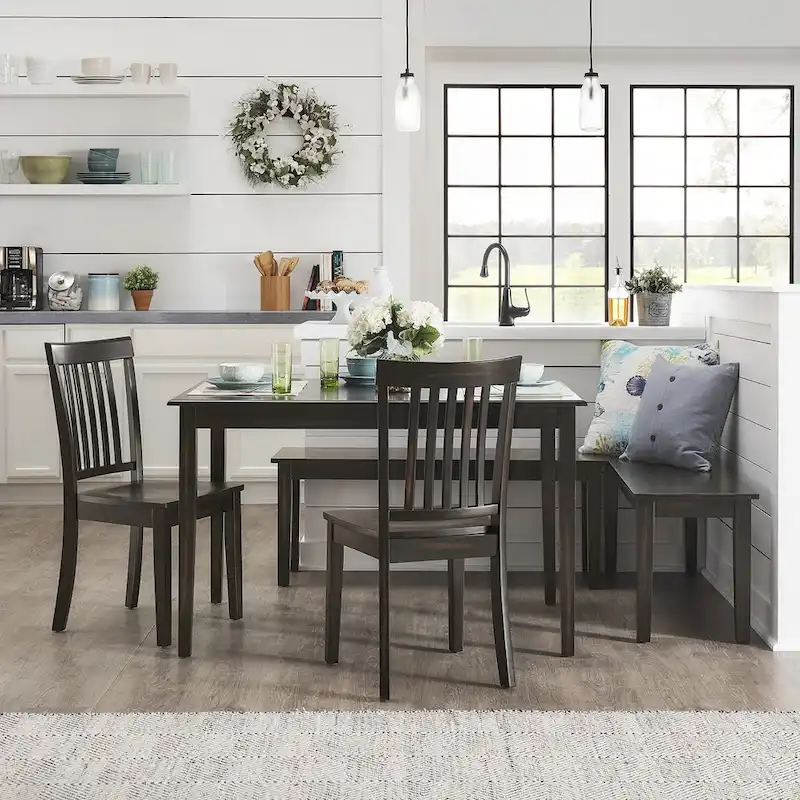 5-Piece Rectangular Antique Black Breakfast Nook Set, Table, 2 Chairs and 2 Benches