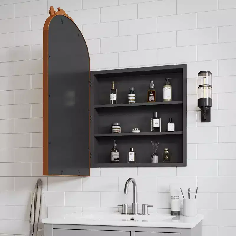 PexFix 30 x 19.7 Vintage Bathroom Medicine Cabinet Metal Carved Wall-Mounted Decorative Vanity Mirror with Storage in Golden