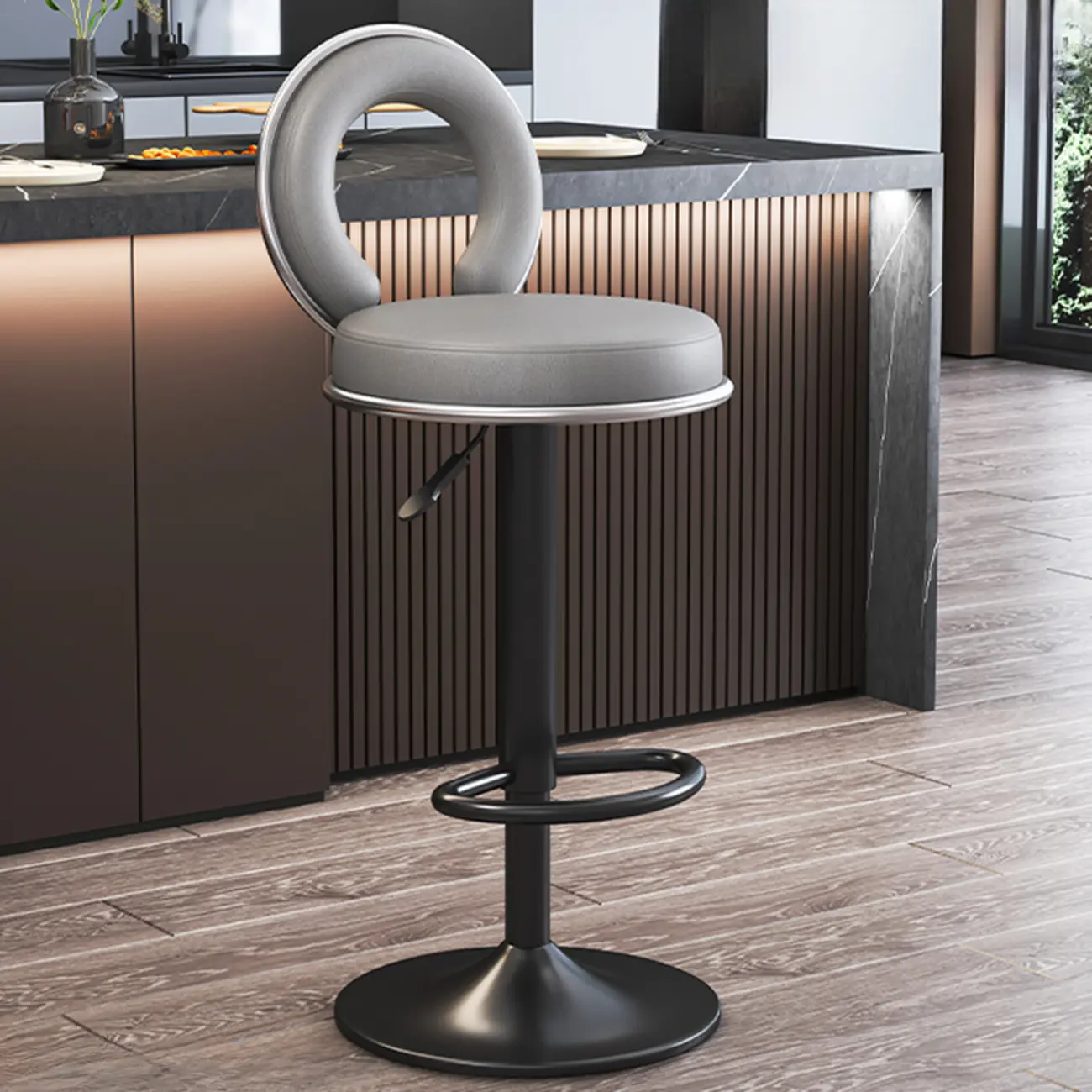 Glam Round Adjustable Leather Swivel Bar Stool with Back