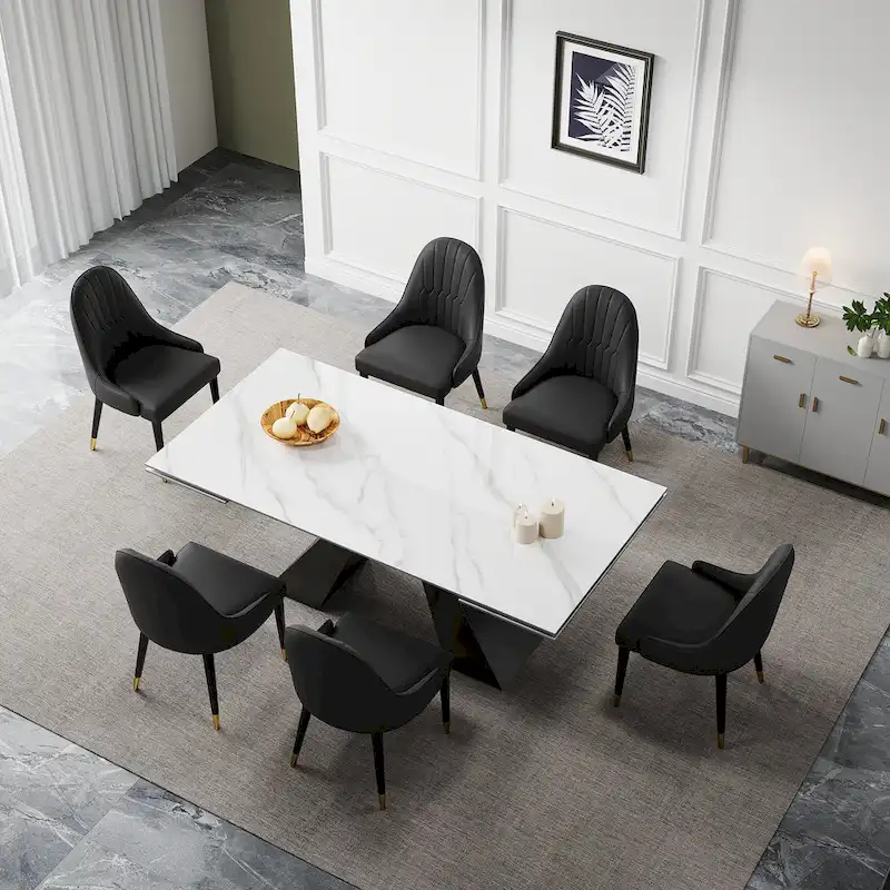 9 - Piece 110.24 Extendable Sintered Stone Dining Table and 8 Leather Chairs Dining Set