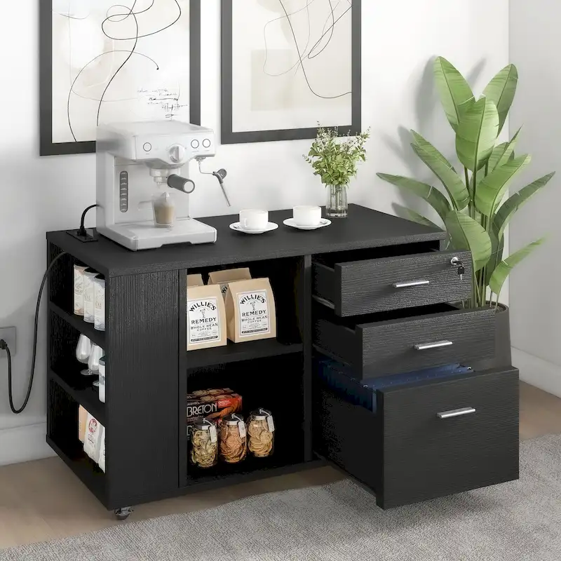 Brown Mobile Wood Lateral File Cabinet with Charging Station & Lock