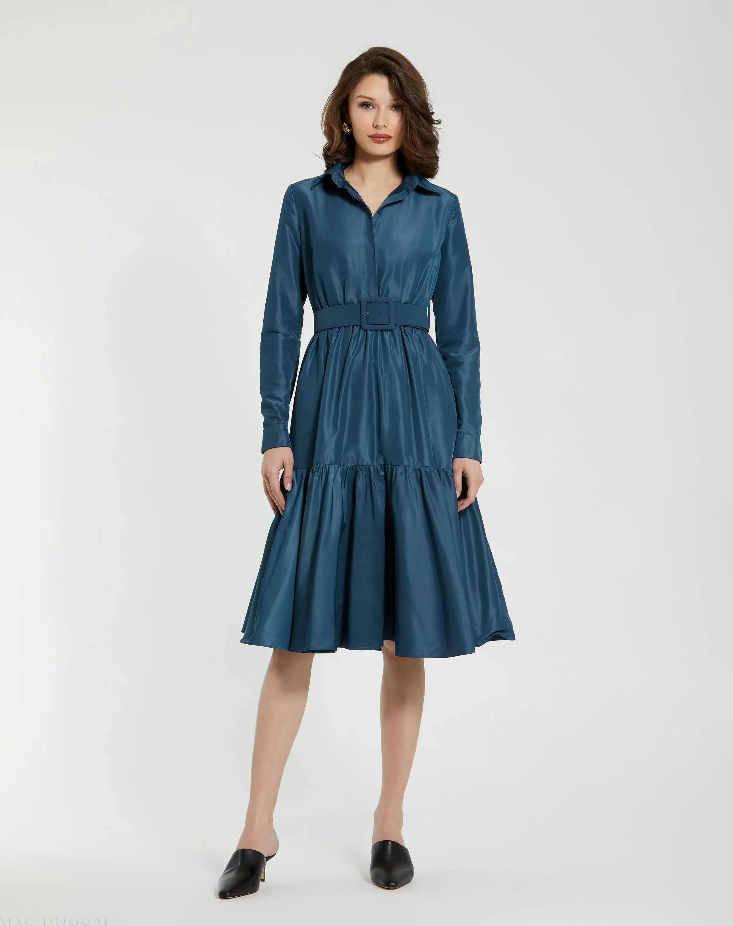 Blue Faille Long Sleeve Collared Midi Dress With Belt - Final Sale