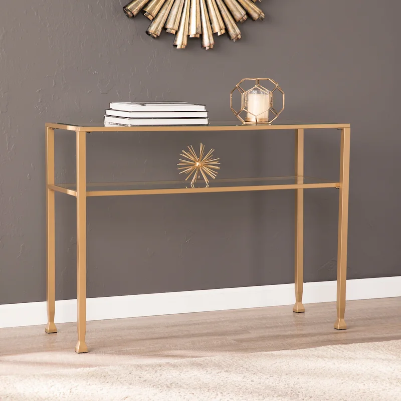 SEI Furniture Price Matte Gold Metal Console Table with Shelf and Tempered Glass