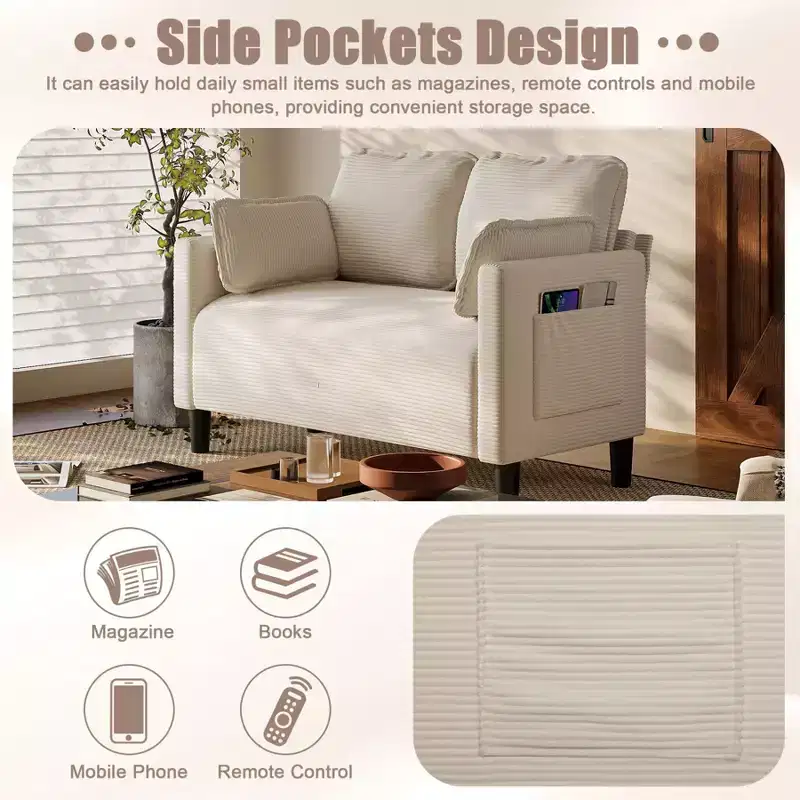 48 Corduroy Loveseat Sofa, 2 Seater Upholstered Sofa Couch with Side Storage Pocket, Deep Seat Small Sofa for Living Room Bedroom Apartment