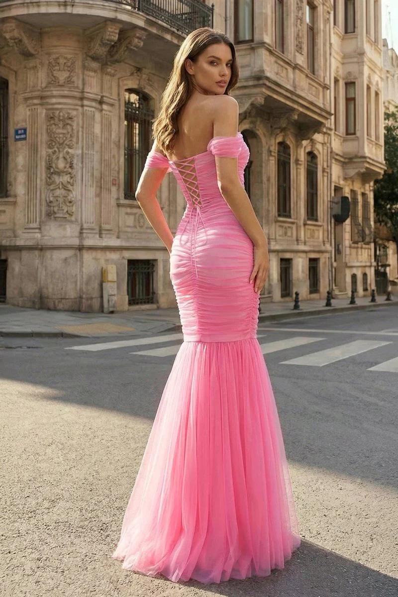 Off Shoulder Pink Ruched Long Prom Dress with Ruffle Hem