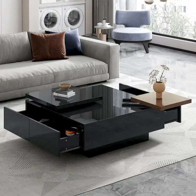 Modern Square Wood Coffee Table with Movable Top and 4 Hidden Storage Drawers