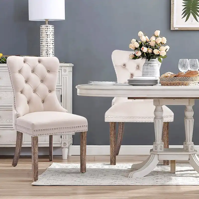 Set of 2 Velvet Dining Chairs,Tufted Solid Wood Armless Chairs Accent Chair with Nailhead Trim and Back Ring Pull