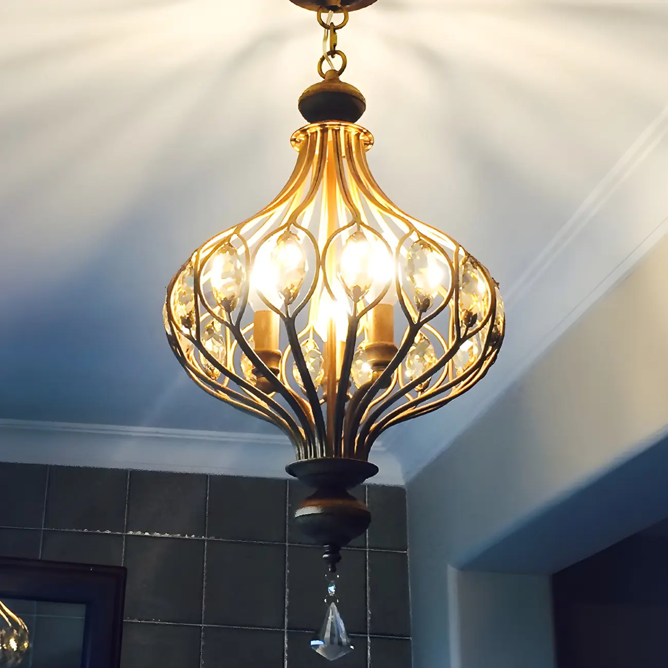 Gold Globe Caged Crystal Accent Hallway Pendant Light