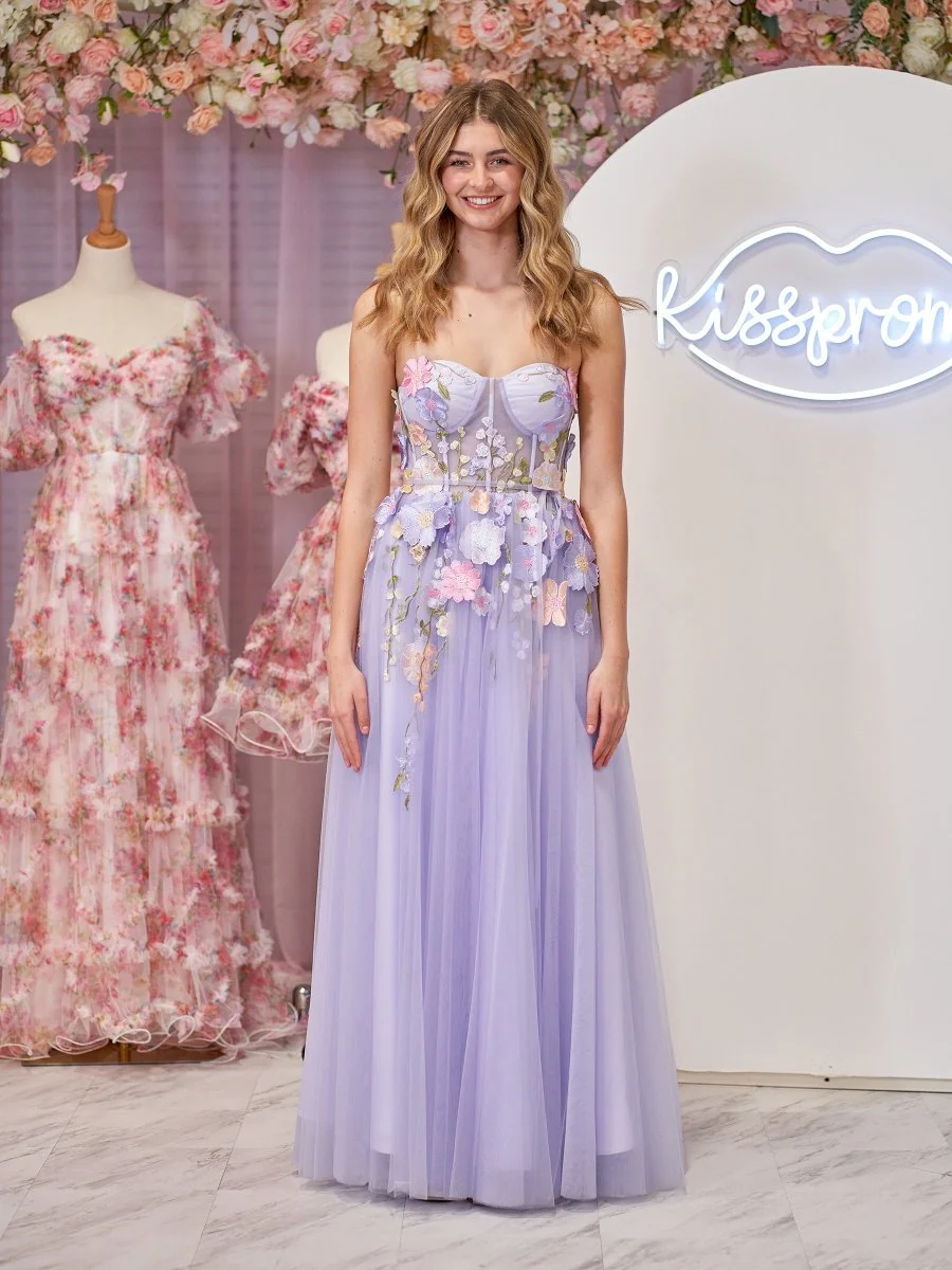 Lavender A-Line Strapless Tulle Homecoming Dress With 3D Flowers