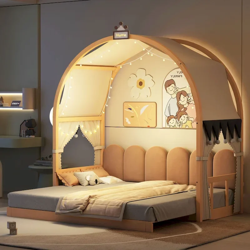 Natural/White/Gray Twin Kids Playhouse Bed, Arched Canopy Floor Bed with Tent & Whiteboard, for 1 Child