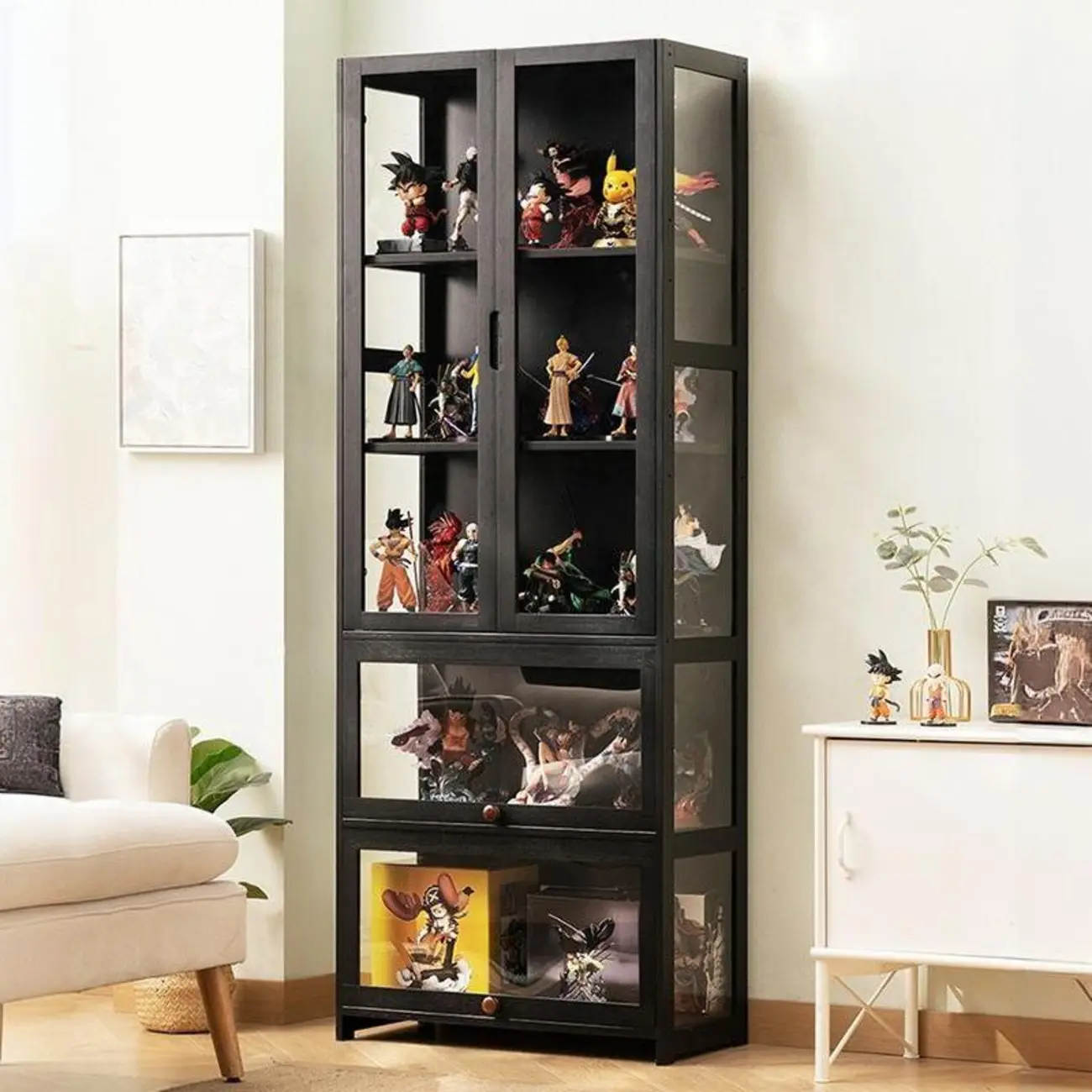 Modern Black Bamboo Adjustable Shelves Glass Display Cabinet