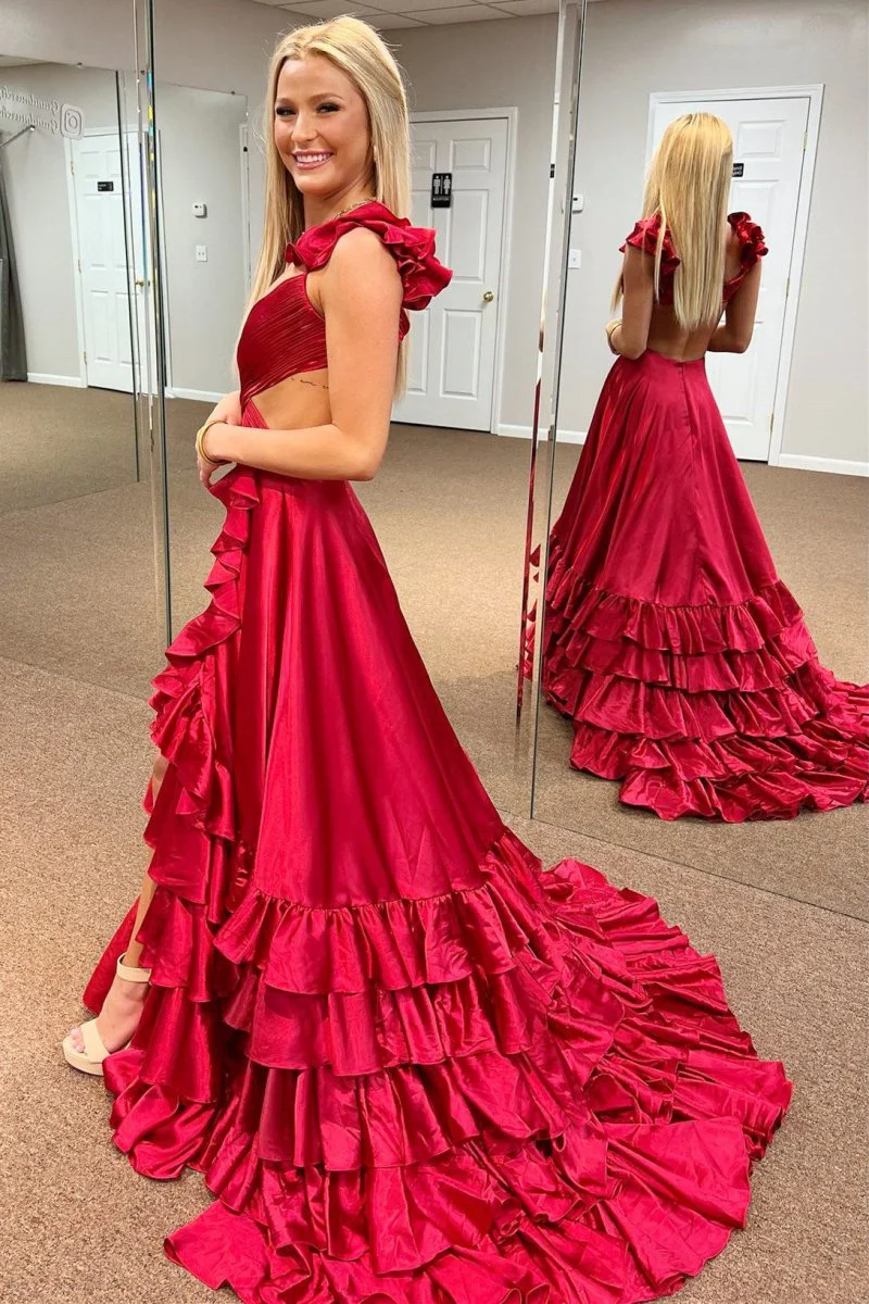 Red Cutout Ruffle A-Line Long Prom Dress with Slit