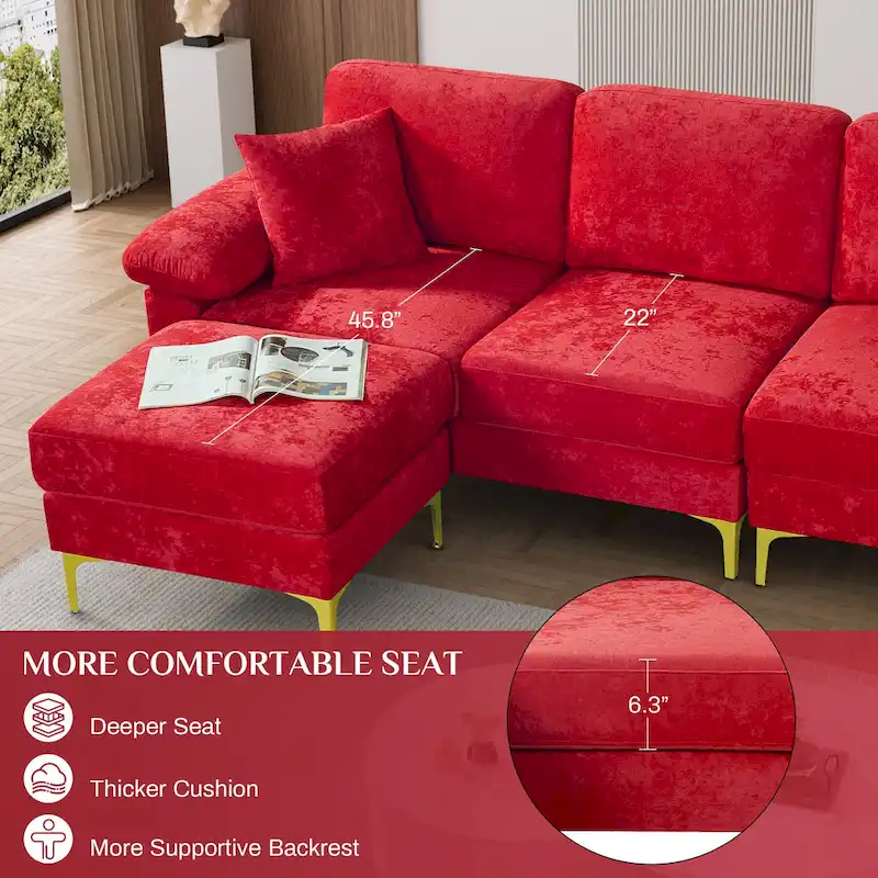 Ouyessir 2-Pieces Upholstered Velvet Sectional Sofa with 2 Pillows & Ottoman